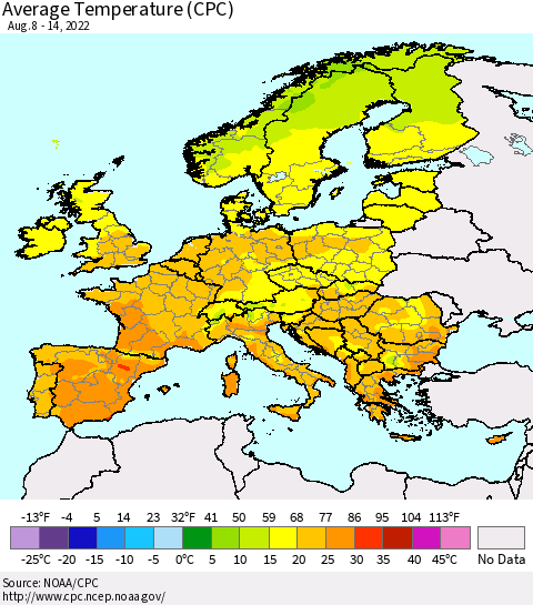 Europe Average Temperature (CPC) Thematic Map For 8/8/2022 - 8/14/2022