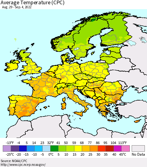 Europe Average Temperature (CPC) Thematic Map For 8/29/2022 - 9/4/2022