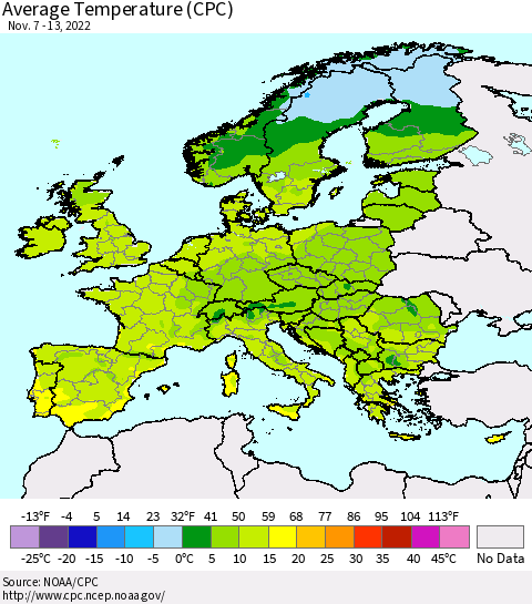 Europe Average Temperature (CPC) Thematic Map For 11/7/2022 - 11/13/2022