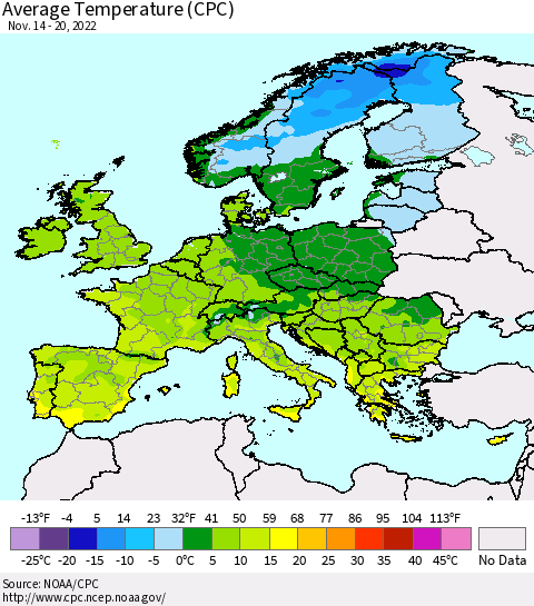 Europe Average Temperature (CPC) Thematic Map For 11/14/2022 - 11/20/2022