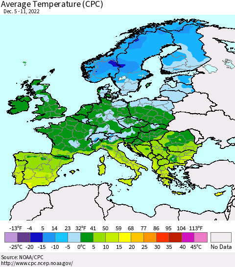 Europe Average Temperature (CPC) Thematic Map For 12/5/2022 - 12/11/2022