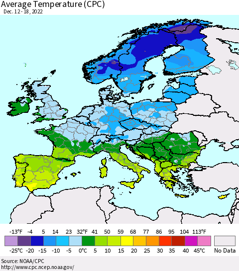 Europe Average Temperature (CPC) Thematic Map For 12/12/2022 - 12/18/2022