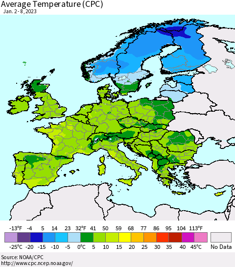 Europe Average Temperature (CPC) Thematic Map For 1/2/2023 - 1/8/2023