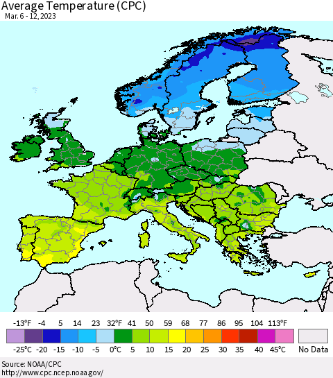 Europe Average Temperature (CPC) Thematic Map For 3/6/2023 - 3/12/2023