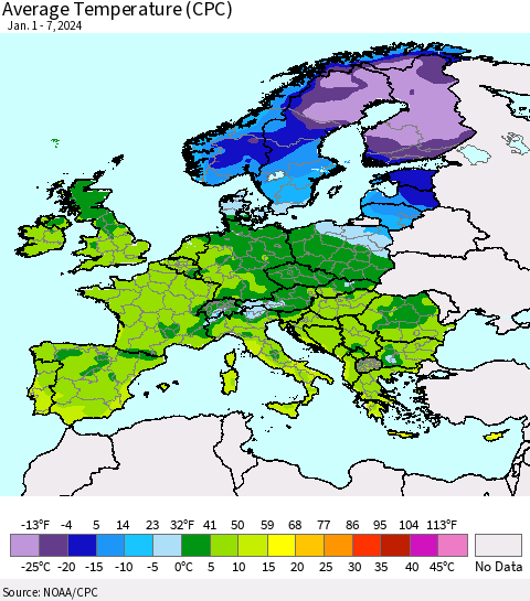 Europe Average Temperature (CPC) Thematic Map For 1/1/2024 - 1/7/2024