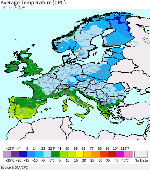 Europe Average Temperature (CPC) Thematic Map For 1/8/2024 - 1/14/2024