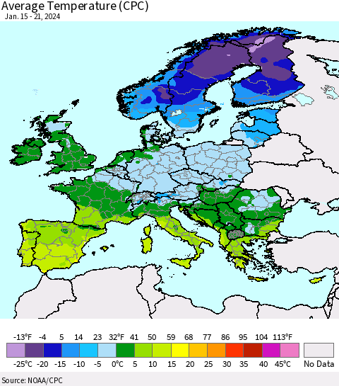 Europe Average Temperature (CPC) Thematic Map For 1/15/2024 - 1/21/2024
