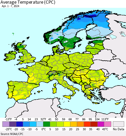 Europe Average Temperature (CPC) Thematic Map For 4/1/2024 - 4/7/2024