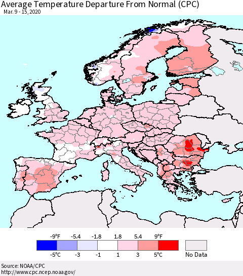 Europe Average Temperature Departure from Normal (CPC) Thematic Map For 3/9/2020 - 3/15/2020