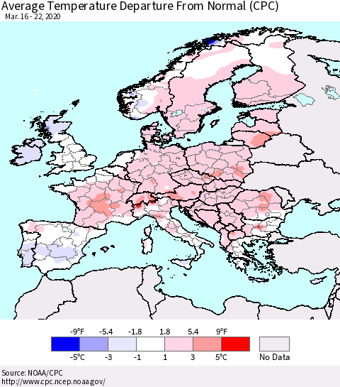 Europe Average Temperature Departure from Normal (CPC) Thematic Map For 3/16/2020 - 3/22/2020
