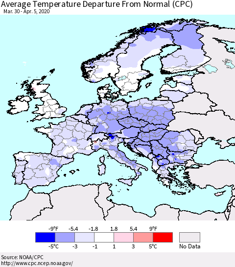 Europe Average Temperature Departure from Normal (CPC) Thematic Map For 3/30/2020 - 4/5/2020