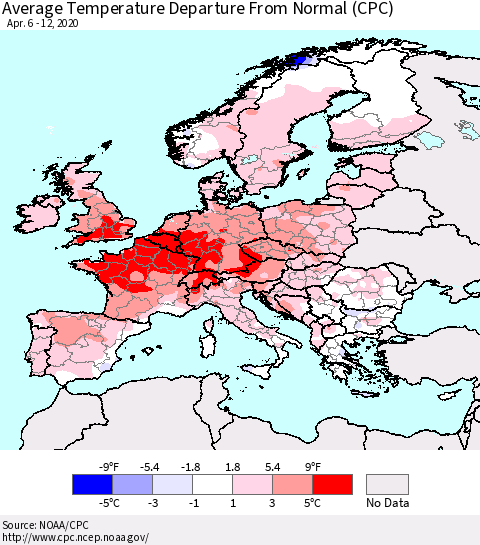 Europe Average Temperature Departure from Normal (CPC) Thematic Map For 4/6/2020 - 4/12/2020