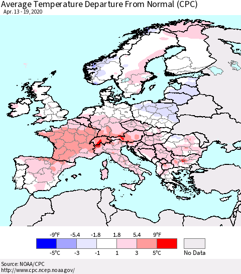 Europe Average Temperature Departure from Normal (CPC) Thematic Map For 4/13/2020 - 4/19/2020