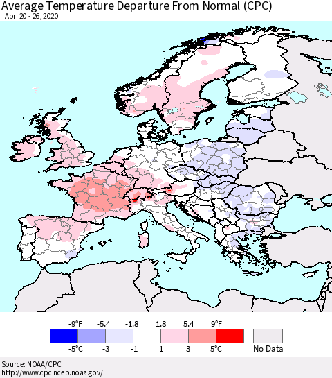 Europe Average Temperature Departure from Normal (CPC) Thematic Map For 4/20/2020 - 4/26/2020