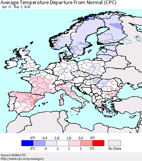 Europe Average Temperature Departure from Normal (CPC) Thematic Map For 4/27/2020 - 5/3/2020