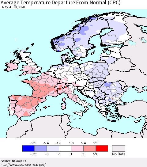 Europe Average Temperature Departure from Normal (CPC) Thematic Map For 5/4/2020 - 5/10/2020