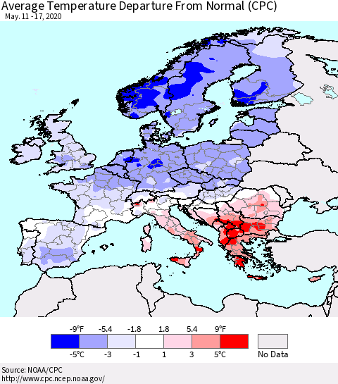 Europe Average Temperature Departure from Normal (CPC) Thematic Map For 5/11/2020 - 5/17/2020