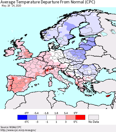 Europe Average Temperature Departure from Normal (CPC) Thematic Map For 5/18/2020 - 5/24/2020