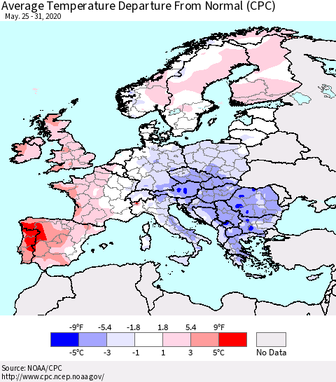 Europe Average Temperature Departure from Normal (CPC) Thematic Map For 5/25/2020 - 5/31/2020