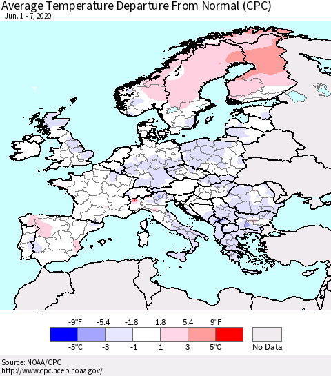 Europe Average Temperature Departure from Normal (CPC) Thematic Map For 6/1/2020 - 6/7/2020