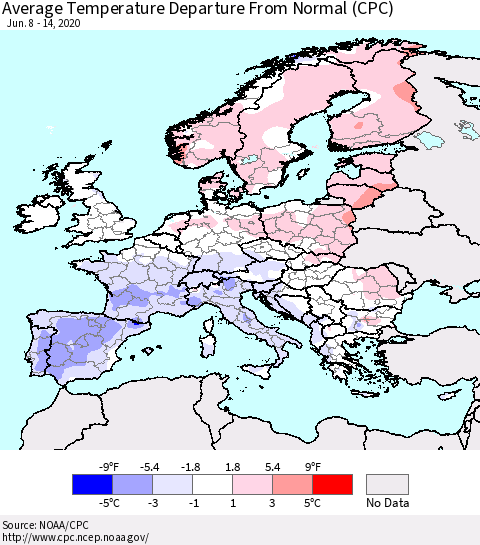 Europe Average Temperature Departure from Normal (CPC) Thematic Map For 6/8/2020 - 6/14/2020