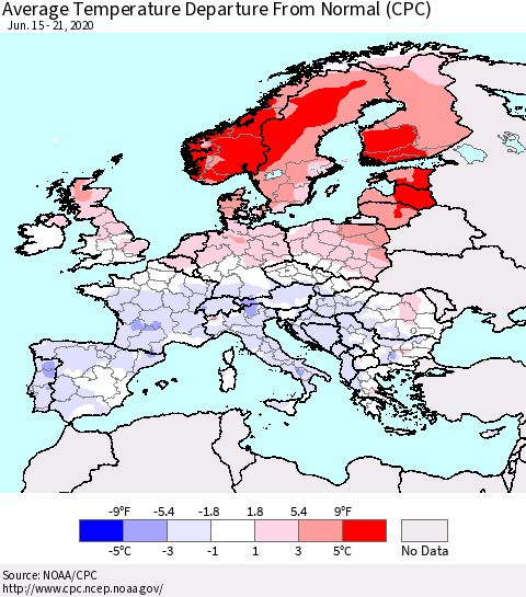 Europe Average Temperature Departure from Normal (CPC) Thematic Map For 6/15/2020 - 6/21/2020