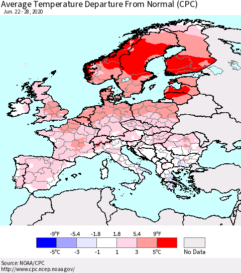 Europe Average Temperature Departure from Normal (CPC) Thematic Map For 6/22/2020 - 6/28/2020