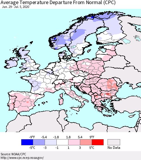 Europe Average Temperature Departure from Normal (CPC) Thematic Map For 6/29/2020 - 7/5/2020