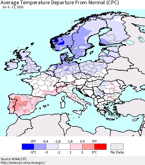 Europe Average Temperature Departure from Normal (CPC) Thematic Map For 7/6/2020 - 7/12/2020