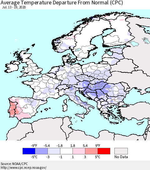 Europe Average Temperature Departure from Normal (CPC) Thematic Map For 7/13/2020 - 7/19/2020