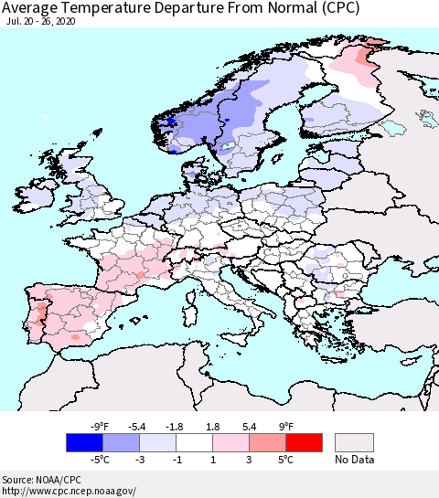 Europe Average Temperature Departure from Normal (CPC) Thematic Map For 7/20/2020 - 7/26/2020