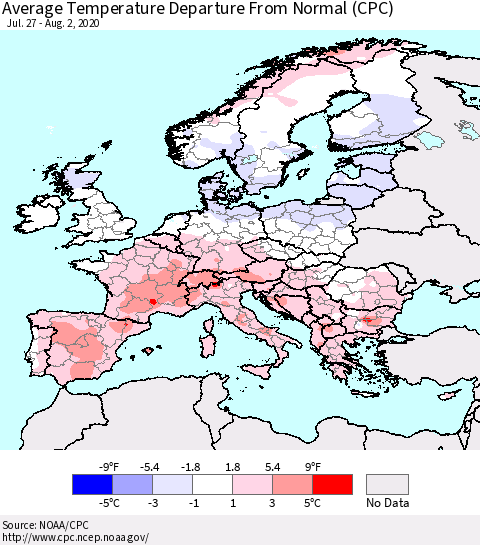 Europe Average Temperature Departure from Normal (CPC) Thematic Map For 7/27/2020 - 8/2/2020
