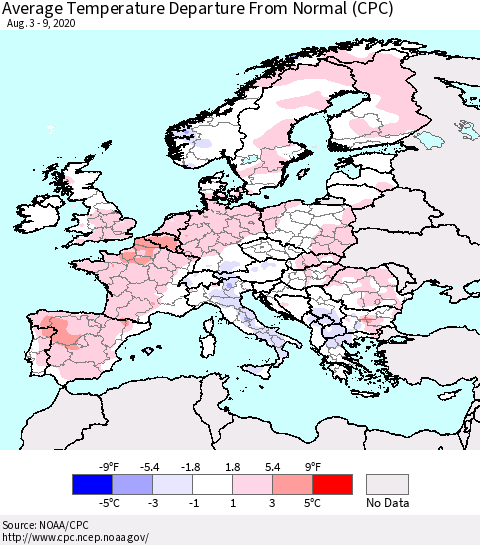 Europe Average Temperature Departure from Normal (CPC) Thematic Map For 8/3/2020 - 8/9/2020