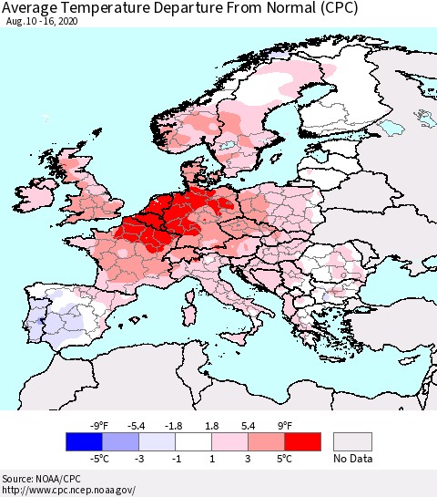 Europe Average Temperature Departure from Normal (CPC) Thematic Map For 8/10/2020 - 8/16/2020