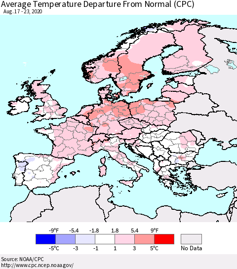 Europe Average Temperature Departure from Normal (CPC) Thematic Map For 8/17/2020 - 8/23/2020