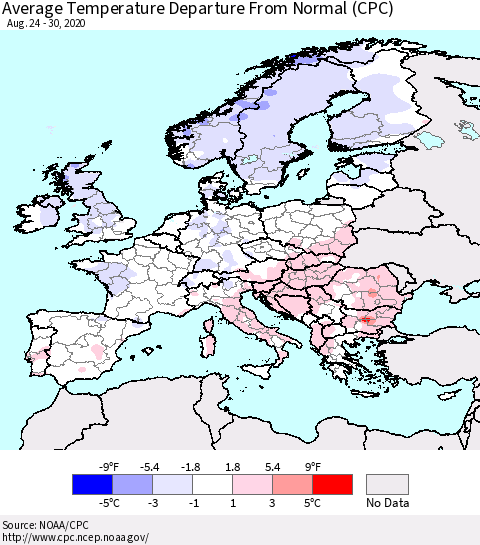Europe Average Temperature Departure from Normal (CPC) Thematic Map For 8/24/2020 - 8/30/2020