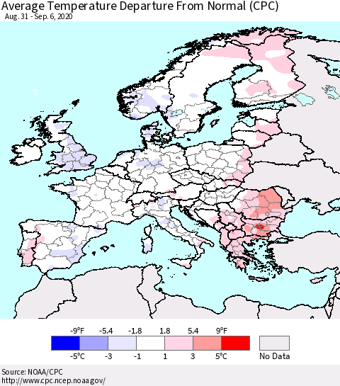 Europe Average Temperature Departure from Normal (CPC) Thematic Map For 8/31/2020 - 9/6/2020