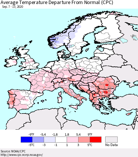 Europe Average Temperature Departure from Normal (CPC) Thematic Map For 9/7/2020 - 9/13/2020