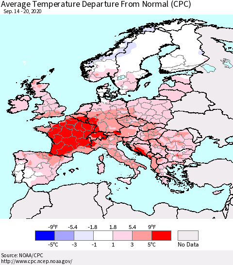 Europe Average Temperature Departure from Normal (CPC) Thematic Map For 9/14/2020 - 9/20/2020