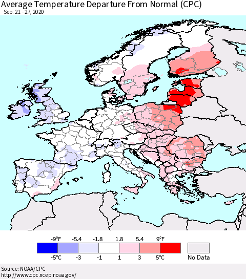 Europe Average Temperature Departure from Normal (CPC) Thematic Map For 9/21/2020 - 9/27/2020