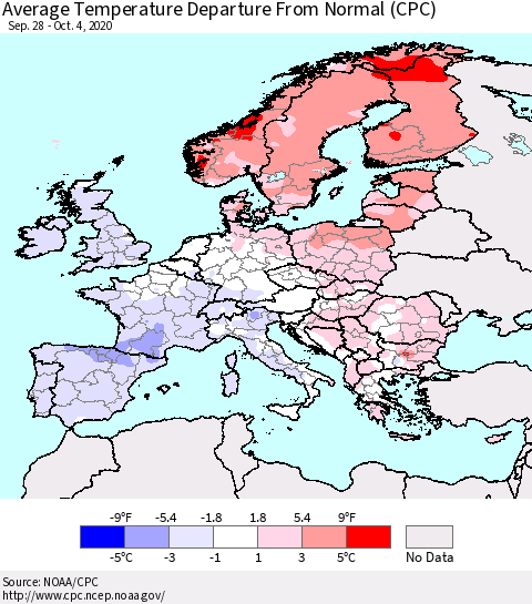 Europe Average Temperature Departure from Normal (CPC) Thematic Map For 9/28/2020 - 10/4/2020