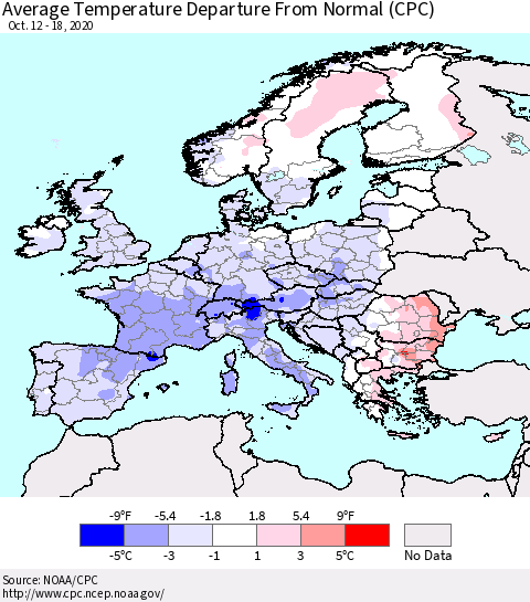 Europe Average Temperature Departure from Normal (CPC) Thematic Map For 10/12/2020 - 10/18/2020