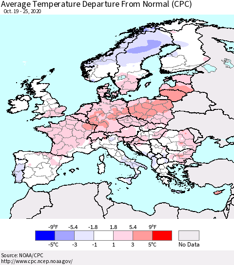 Europe Average Temperature Departure from Normal (CPC) Thematic Map For 10/19/2020 - 10/25/2020