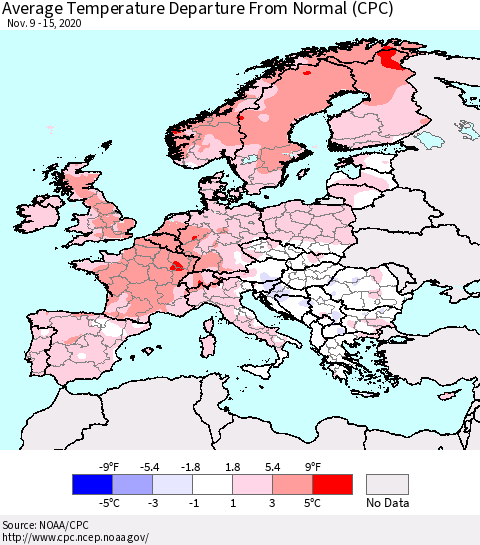 Europe Average Temperature Departure from Normal (CPC) Thematic Map For 11/9/2020 - 11/15/2020