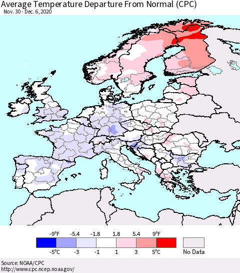Europe Average Temperature Departure from Normal (CPC) Thematic Map For 11/30/2020 - 12/6/2020