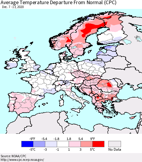 Europe Average Temperature Departure from Normal (CPC) Thematic Map For 12/7/2020 - 12/13/2020