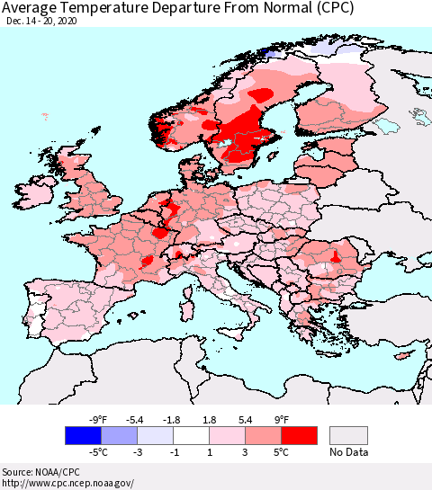 Europe Average Temperature Departure from Normal (CPC) Thematic Map For 12/14/2020 - 12/20/2020