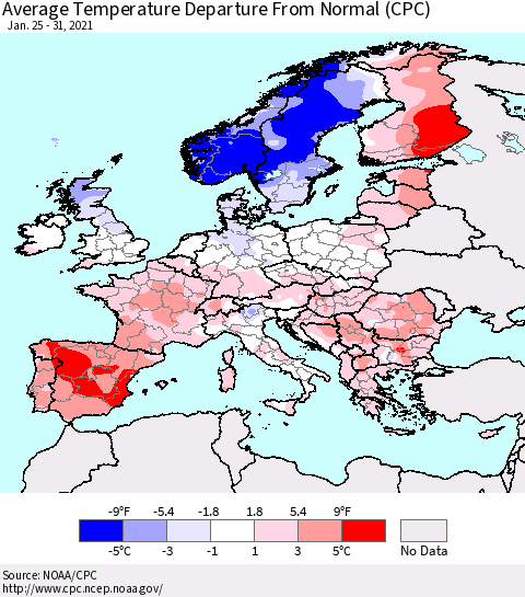 Europe Average Temperature Departure from Normal (CPC) Thematic Map For 1/25/2021 - 1/31/2021