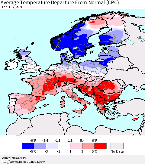 Europe Average Temperature Departure from Normal (CPC) Thematic Map For 2/1/2021 - 2/7/2021