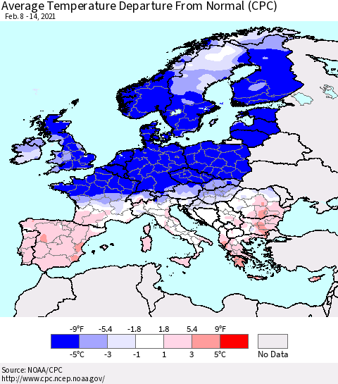 Europe Average Temperature Departure from Normal (CPC) Thematic Map For 2/8/2021 - 2/14/2021
